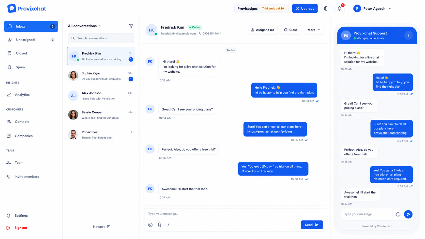 Provia live chat dashboard